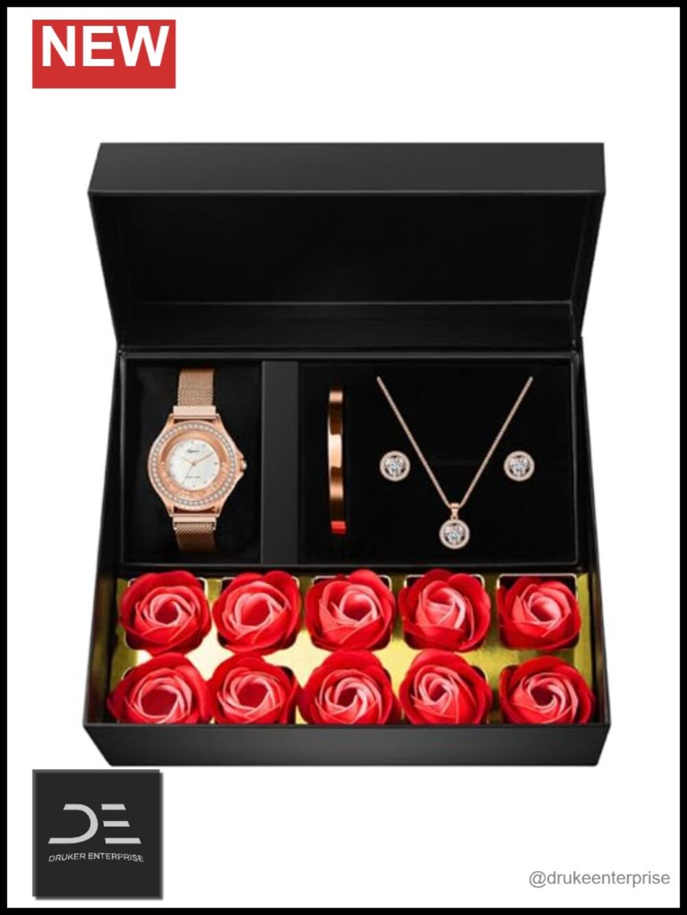 4 Piece Rose Gold Jewelry Set Watch Necklace Earring Bracelet Gift for Women